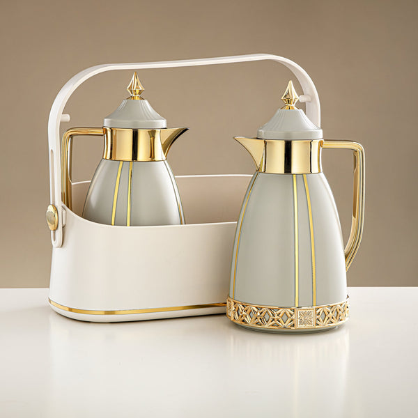 Fb208 Vacuum Flask 2Pc Set Light Grey Gold W/Basket