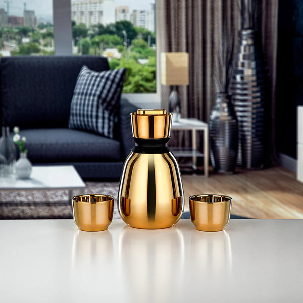 QS03-06G Flask & Cup Set – 0.6L Vacuum Flask + 2 x 90ML Cawa Cups – Gold