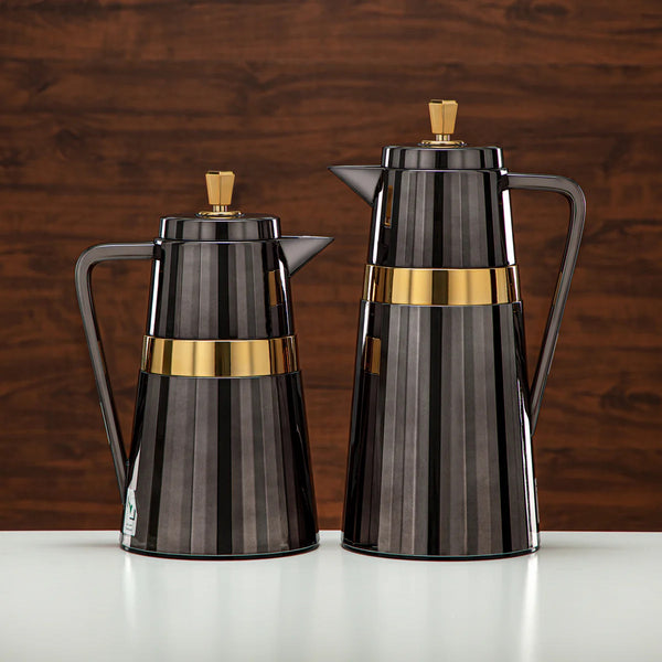 C77-BG Vacuum Flask 2PC Set (1L + 0.7L) – Black and Gold Finish – Elegant Thermal Bottles for Hot and Cold Drinks