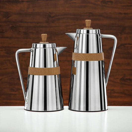 C77-SCW Vacuum Flask 2PC Set (1L + 0.7L) – Silver Wooden Finish – Elegant Thermal Bottles for Hot and Cold Drinks