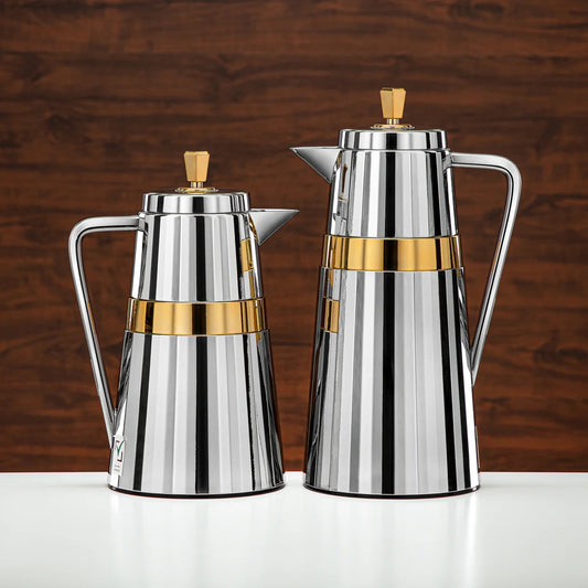 C77-SG Vacuum Flask 2PC Set (1L + 0.7L) – Silver and Gold Finish – Elegant Thermal Bottles for Hot and Cold Drinks