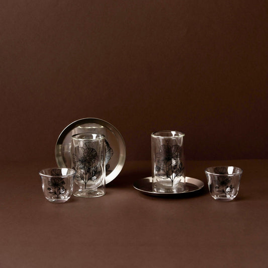 GT1121 Tea & Cawa Cup Set – 18-Piece – Elegant Clear Glass Design with Black Floral Motif for Arabic Serving