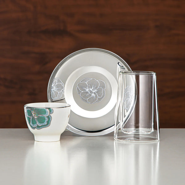 Tea & Cawa Cup Set – 18-Piece – Double-Walled Borosilicate Glass, Stainless Steel & Porcelain – Elegant Green Floral Design – 12257-3