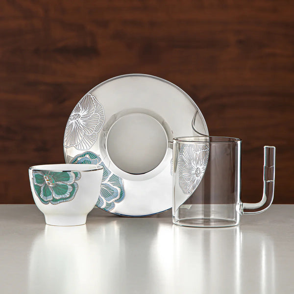 Tea & Cawa Cup Set – 18-Piece – Borosilicate Glass, Stainless Steel & Porcelain – Elegant Floral Design – 12257-2