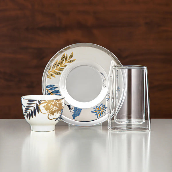 Tea & Cawa Cup Set – 18-Piece – Double-Walled Borosilicate Glass, Stainless Steel & Porcelain – Leaf & Floral Pattern Design – 12196-3