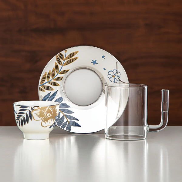 Tea & Cawa Cup Set – 18-Piece – Borosilicate Glass, Stainless Steel & Porcelain – Leaf & Star Pattern Design – 12196-2