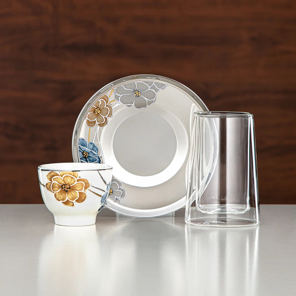 Tea & Cawa Cup Set – 18-Piece – Double-Walled Borosilicate Glass, Stainless Steel & Porcelain – Modern Gold & Blue Floral Design – 12256-3