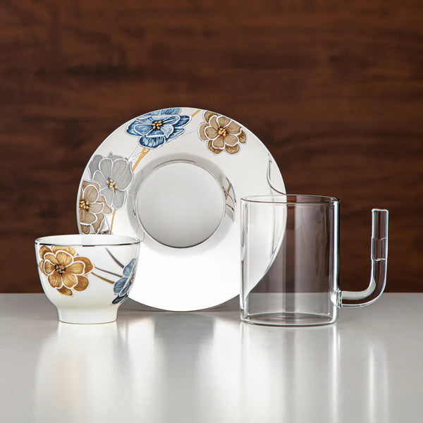 Tea & Cawa Cup Set – 18-Piece – Borosilicate Glass, Stainless Steel & Porcelain – Elegant Floral Design – 12256-2