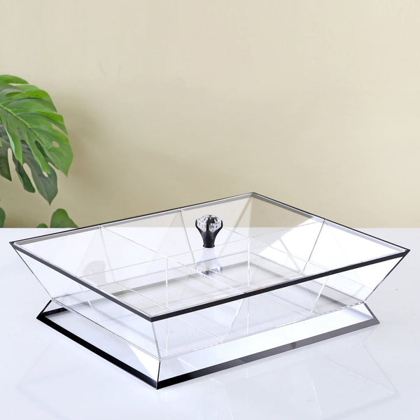 RT1044B - Acrylic Candy Bowl with 6 Compartments – Clear Design with Black Line & Lid – 39cm (L) × 30cm (W)