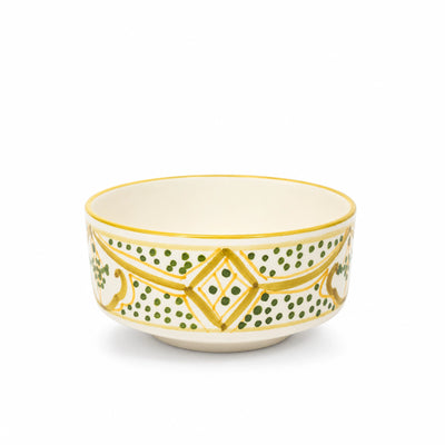 Elegant White Cart Sunrise Green Molokhia Ceramic Serving Bowl Measuring 14 Cm, Featuring An Olive Green And Gold Decorative Design And Ideal For Serving Molokhia, Soups, Salads, Rice, Side Dishes, And Traditional Meals At Siddiq Gifts.