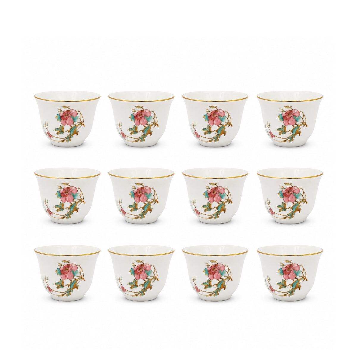 Elegant 12-Piece White Cawa Cup Set With An 80 Cc Capacity, Beautiful Floral Design, And Refined Gold Rim, Perfect For Serving Arabic Coffee During Gatherings And Special Occasions At Siddiq Gifts.