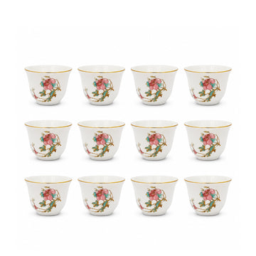 Elegant 12-Piece White Cawa Cup Set With An 80 Cc Capacity, Beautiful Floral Design, And Refined Gold Rim, Perfect For Serving Arabic Coffee During Gatherings And Special Occasions At Siddiq Gifts.