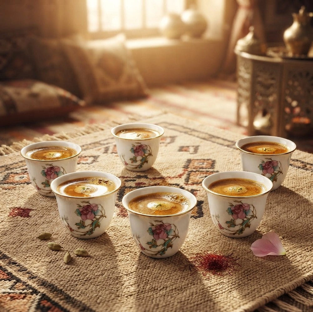 Five floral ceramic tea cups filled with tea are arranged on a patterned rug in a warm, sunlit room. The cups are white with pink and green floral designs and gold trim, set on a woven rug with a soft-focus background of cushions and furniture.