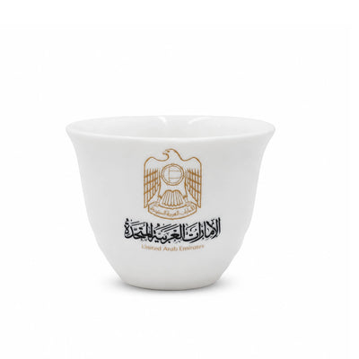 Elegant 12-Piece White Cawa Cup Set With An 80 Cc Capacity And UAE Logo Design, Perfect For Serving Arabic Coffee During Gatherings And Special Occasions At Siddiq Gifts.