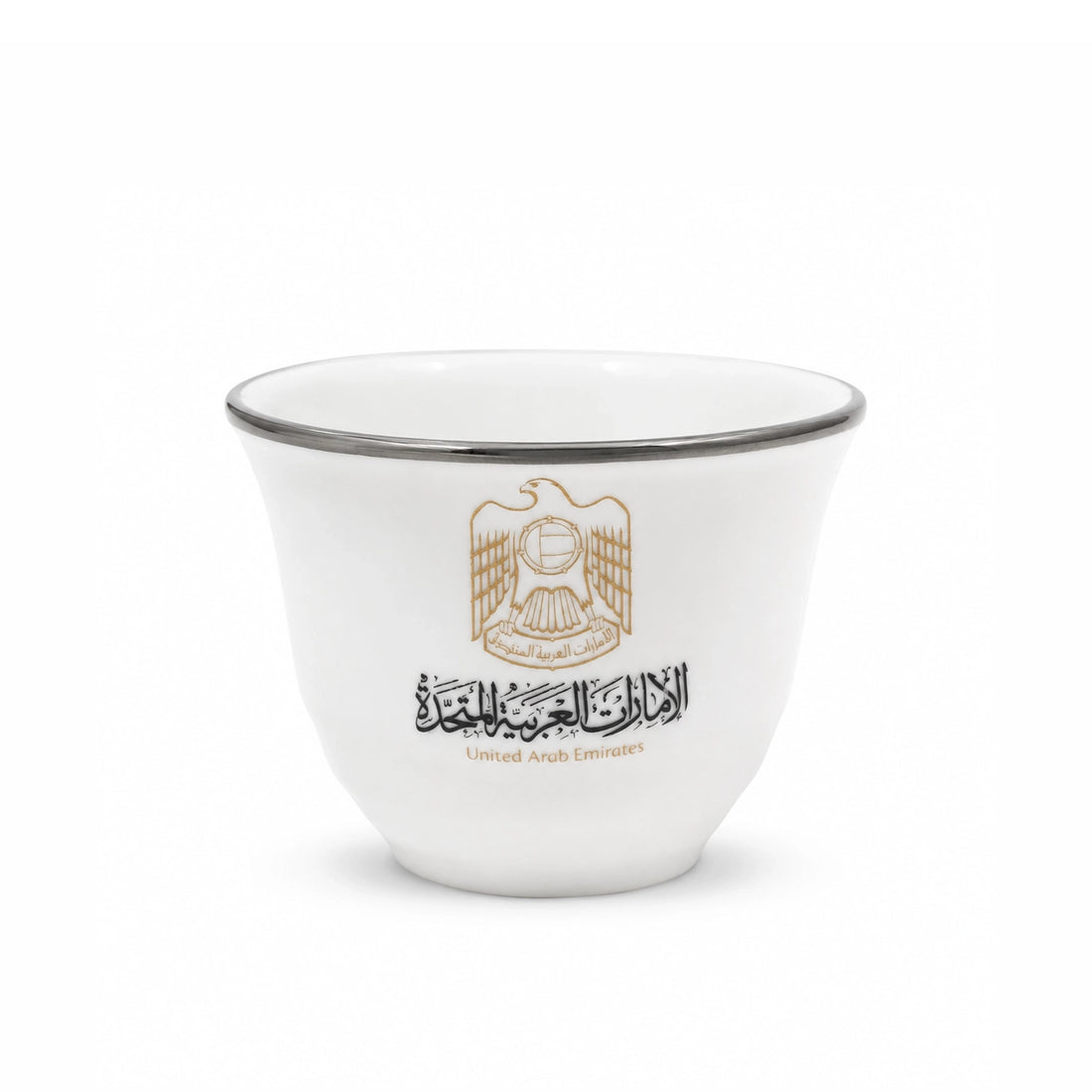 ZF-80- Cawa Cup Set – 12 Pieces – White with Silver Rim & UAE Logo Design