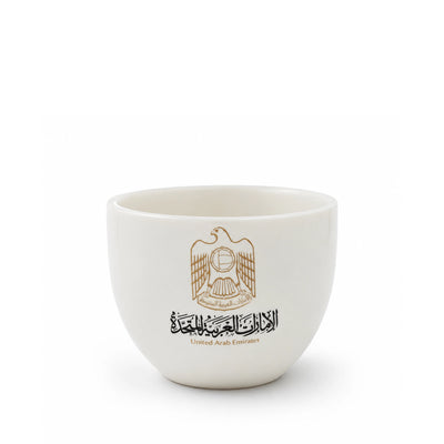 Cawa Cup Set 6 Pieces 180cc White Ceramic United Arab Emirates Logo Design Arabic Coffee Cups for Serving and UAE Hospitality by Siddiq Gifts