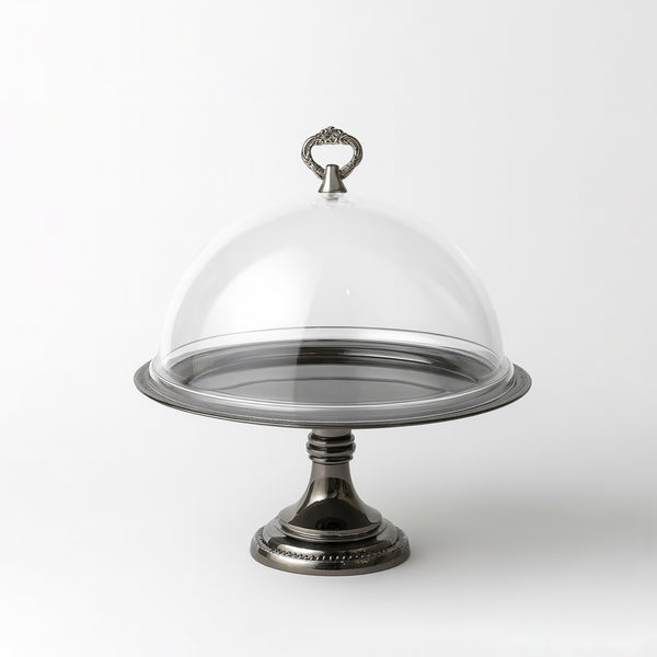 CD-6893 Cake Plate with Acrylic Lid – 32 cm × 17 cm – Dark Platinum Finish – Siddiq Gifts Mussafah Abu Dhabi
