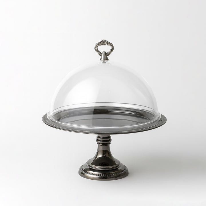 CD-6893 Cake Plate with Acrylic Lid – 32 cm × 17 cm – Dark Platinum Finish – Siddiq Gifts Mussafah Abu Dhabi