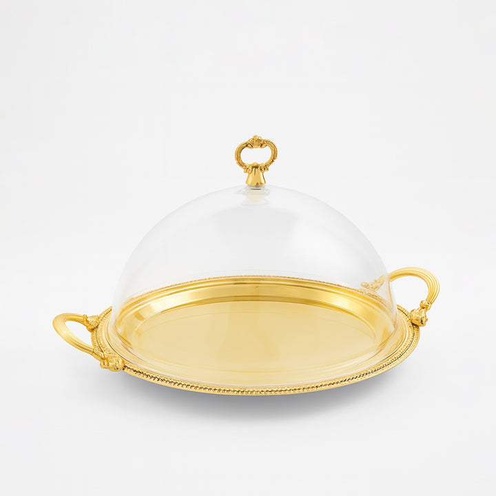 CD-6931 Round Serving Tray with Acrylic Lid – 37 cm – French Gold Finish – Siddiq Gifts Mussafah Abu Dhabi