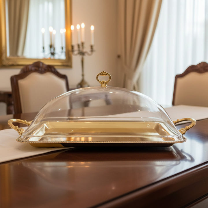 CD-6937 Steel Serving Tray with Acrylic Lid – 43 × 32 cm – French Gold Finish – Siddiq Gifts Mussafah Abu Dhabi
