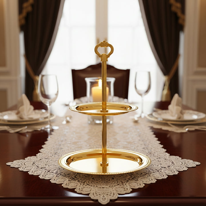 CD-7097 Two-Layer Round Cake Stand – French Gold Finish – Siddiq Gifts Mussafah Abu Dhabi