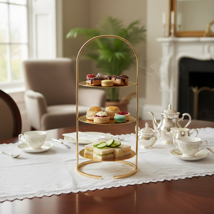 CD-7482 Three-Layer Round Cake Stand – 26 cm Height – Rose Gold Finish – Siddiq Gifts Mussafah Abu Dhabi