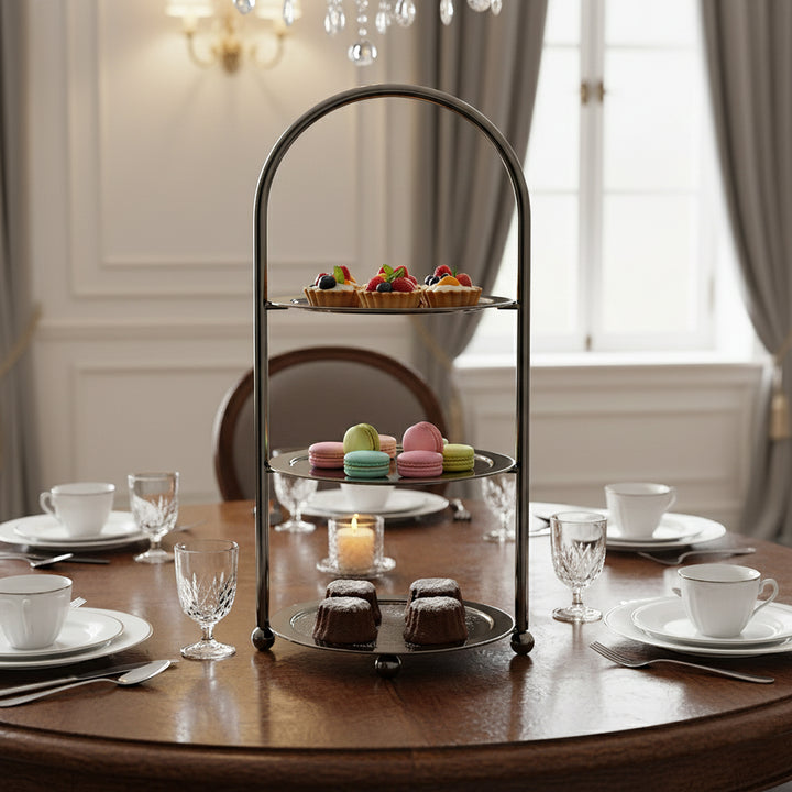 CD-7542 Three-Layer Round Cake Stand – 10 cm – Dark Platinum Finish – Siddiq Gifts Mussafah Abu Dhabi