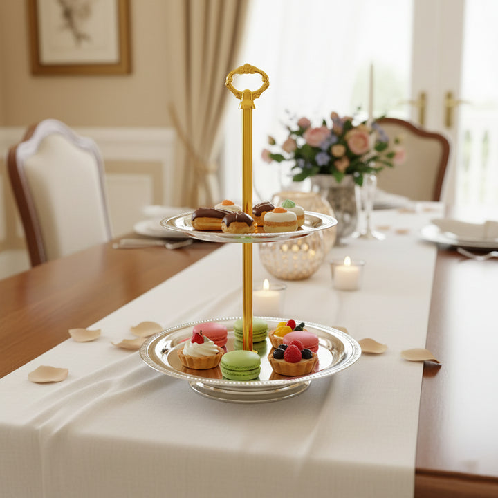 CD-7557 Two-Layer Round Cake Stand – Gold Handle with Silver Plates – Siddiq Gifts Mussafah Abu Dhabi