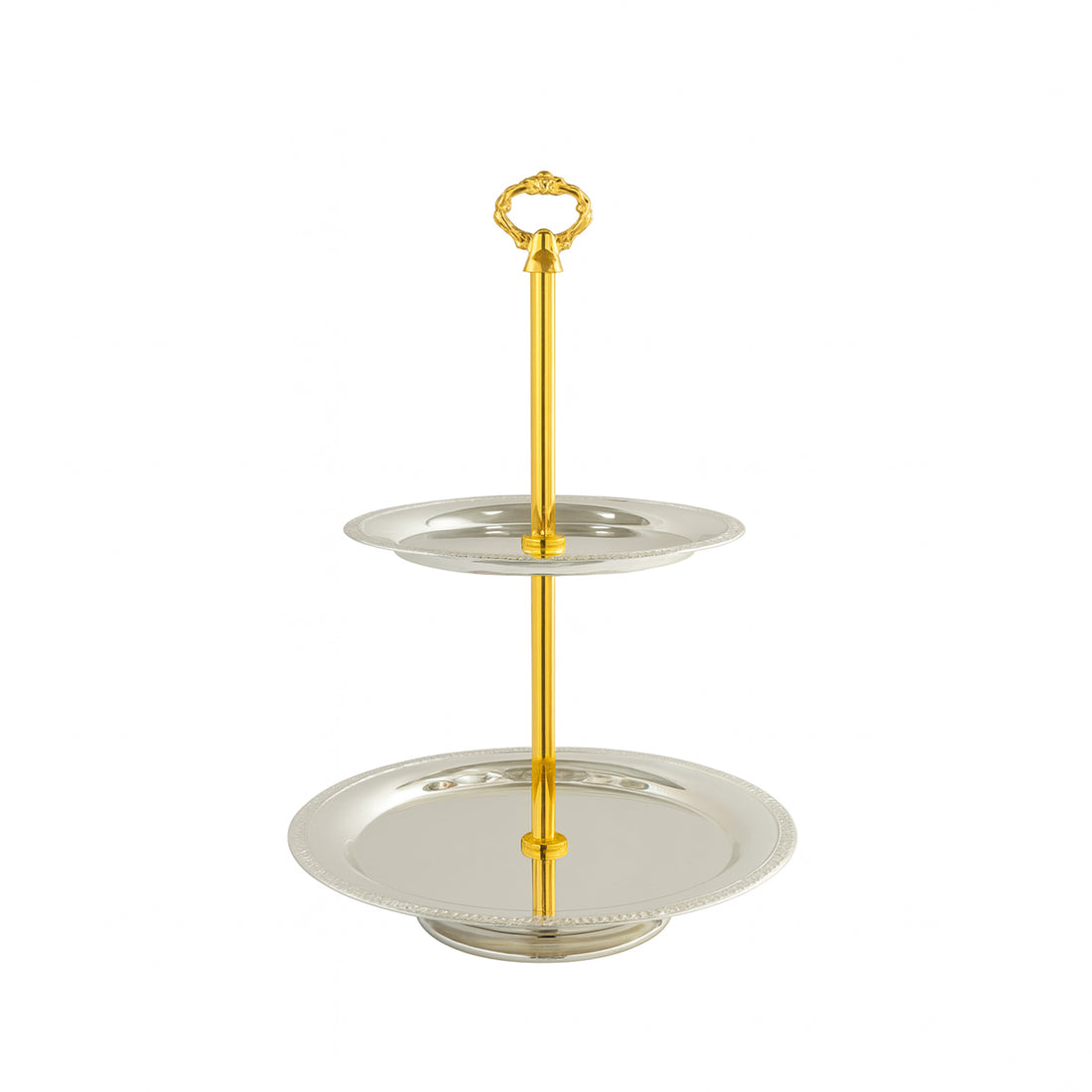 CD-7557 2-Layer Round Cake Stand – Gold Handle – Silver Plates