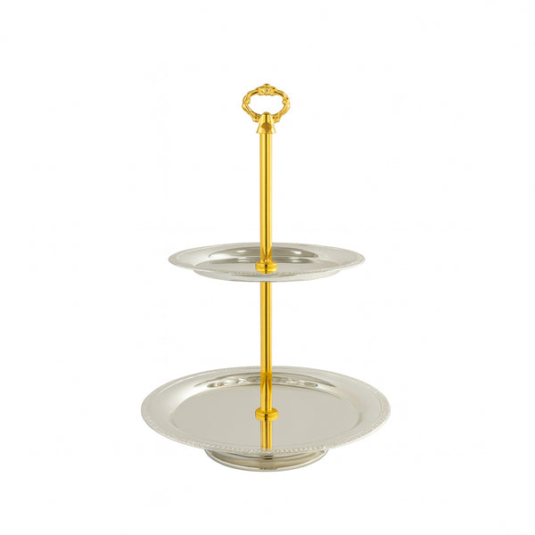 CD-7557 Two-Layer Round Cake Stand – Gold Handle with Silver Plates – Siddiq Gifts Mussafah Abu Dhabi