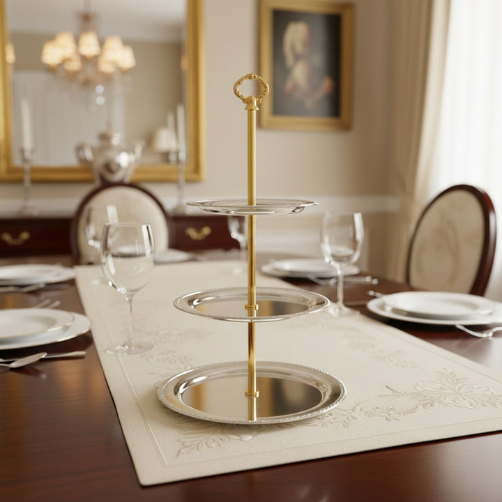 CD-7558 Three-Layer Round Cake Stand – Gold Handle with Silver Plates – Siddiq Gifts Mussafah Abu Dhabi