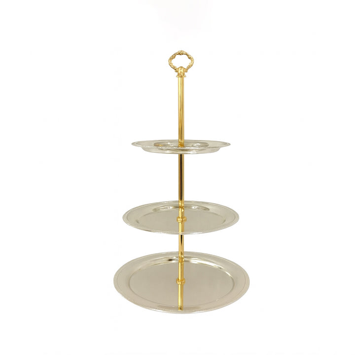 CD-7558 Three-Layer Round Cake Stand – Gold Handle with Silver Plates – Siddiq Gifts Mussafah Abu Dhabi