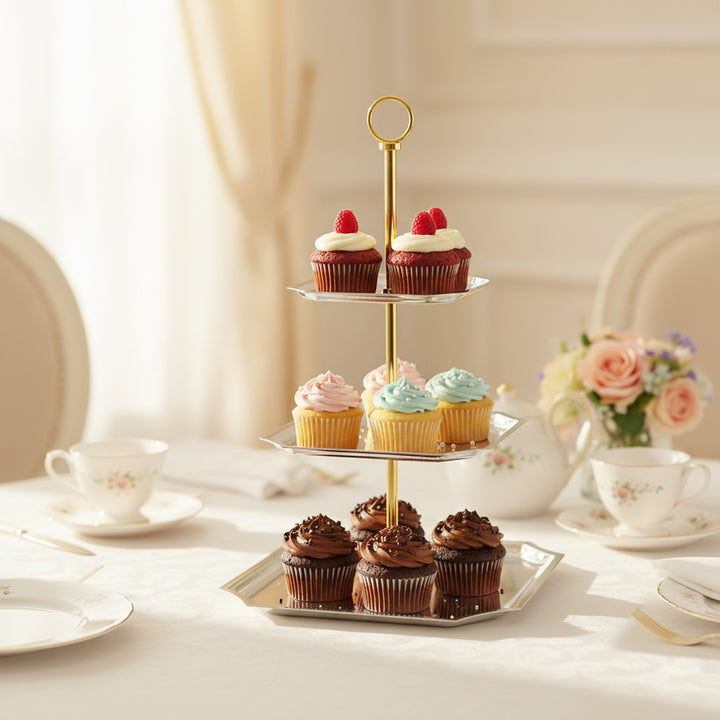 CD-7559 Three-Layer Square Cake Stand – Gold Handle with Silver Plates – Siddiq Gifts Mussafah Abu Dhabi