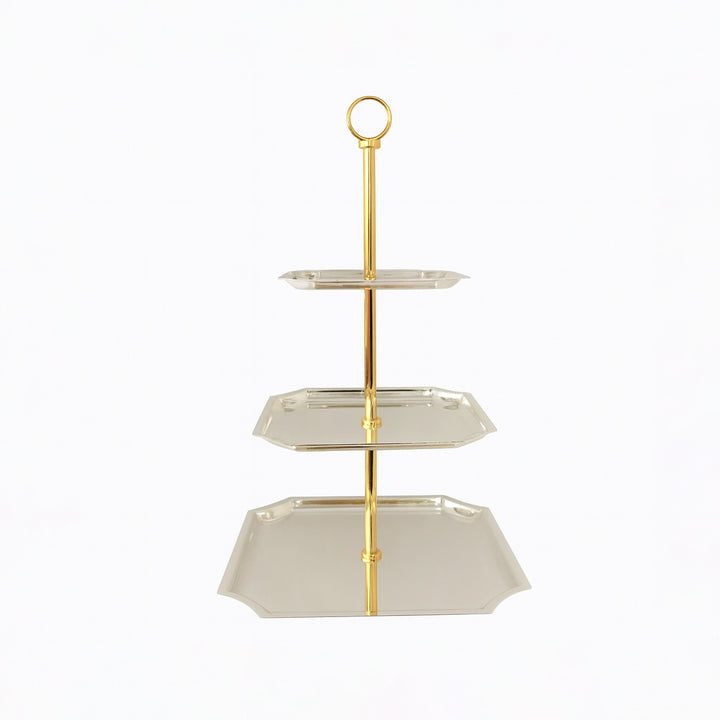 CD-7559 Three-Layer Square Cake Stand – Gold Handle with Silver Plates – Siddiq Gifts Mussafah Abu Dhabi