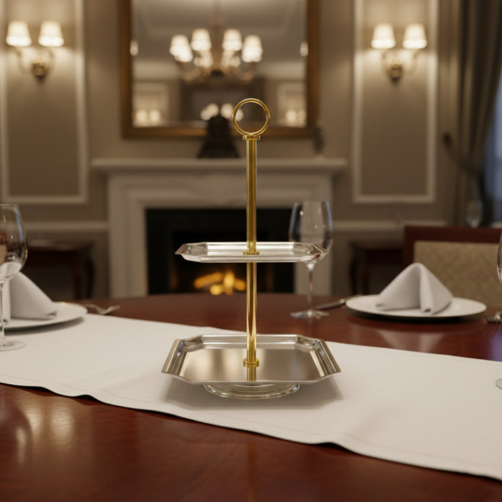 CD-7560 Two-Layer Square Cake Stand – Gold Handle with Silver Plates – Siddiq Gifts Mussafah Abu Dhabi