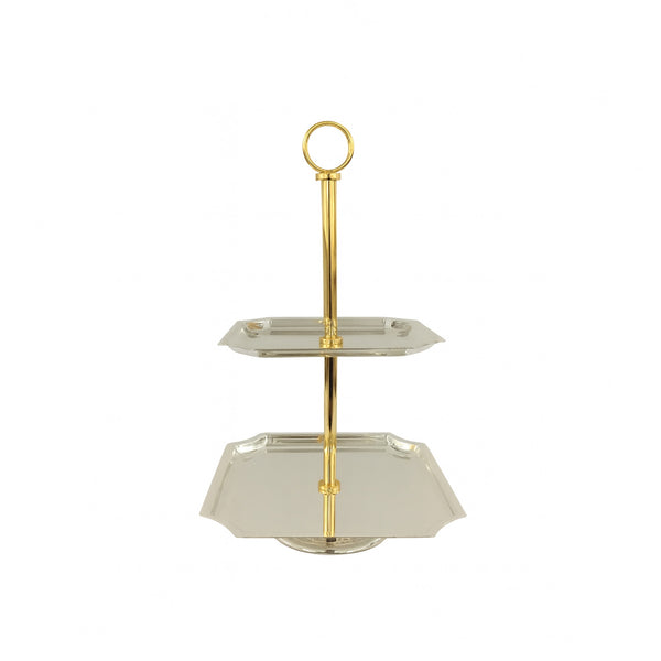 CD-7560 Two-Layer Square Cake Stand – Gold Handle with Silver Plates – Siddiq Gifts Mussafah Abu Dhabi