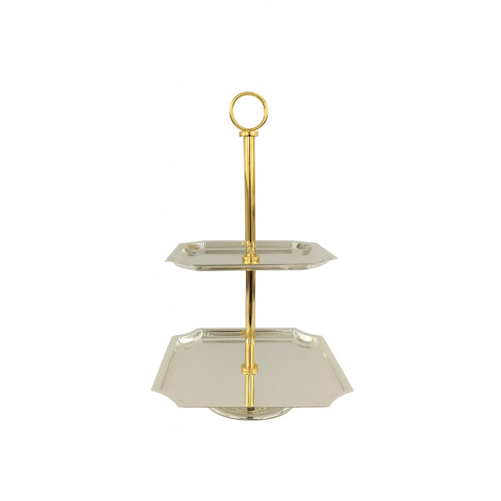 CD-7560 Two-Layer Square Cake Stand – Gold Handle with Silver Plates – Siddiq Gifts Mussafah Abu Dhabi