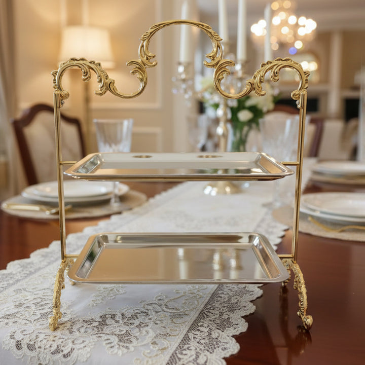 CD-7561 Two-Layer Rectangle Cake Stand – Gold Frame with Silver Plates – 25 × 14 × 29 cm – Siddiq Gifts Mussafah Abu Dhabi