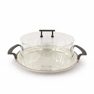 CD-7809 Round Serving Tray with Clear Acrylic Dome Lid – 33CM – Silver Base with Gunmetal Handles | Siddiq Gifts – Mussafah Abu Dhabi