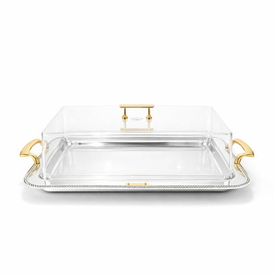 CD-7811 Rectangular Serving Tray with Acrylic Dome Lid – 44 x 32 cm – Silver Finish with Gold Handles | Siddiq Gifts – Mussafah Abu Dhabi