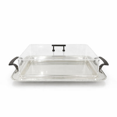 CD-7812 Rectangular Serving Tray with Acrylic Dome Lid – 44 x 32 cm – Silver Finish with Black Handles | Siddiq Gifts – Mussafah Abu Dhabi