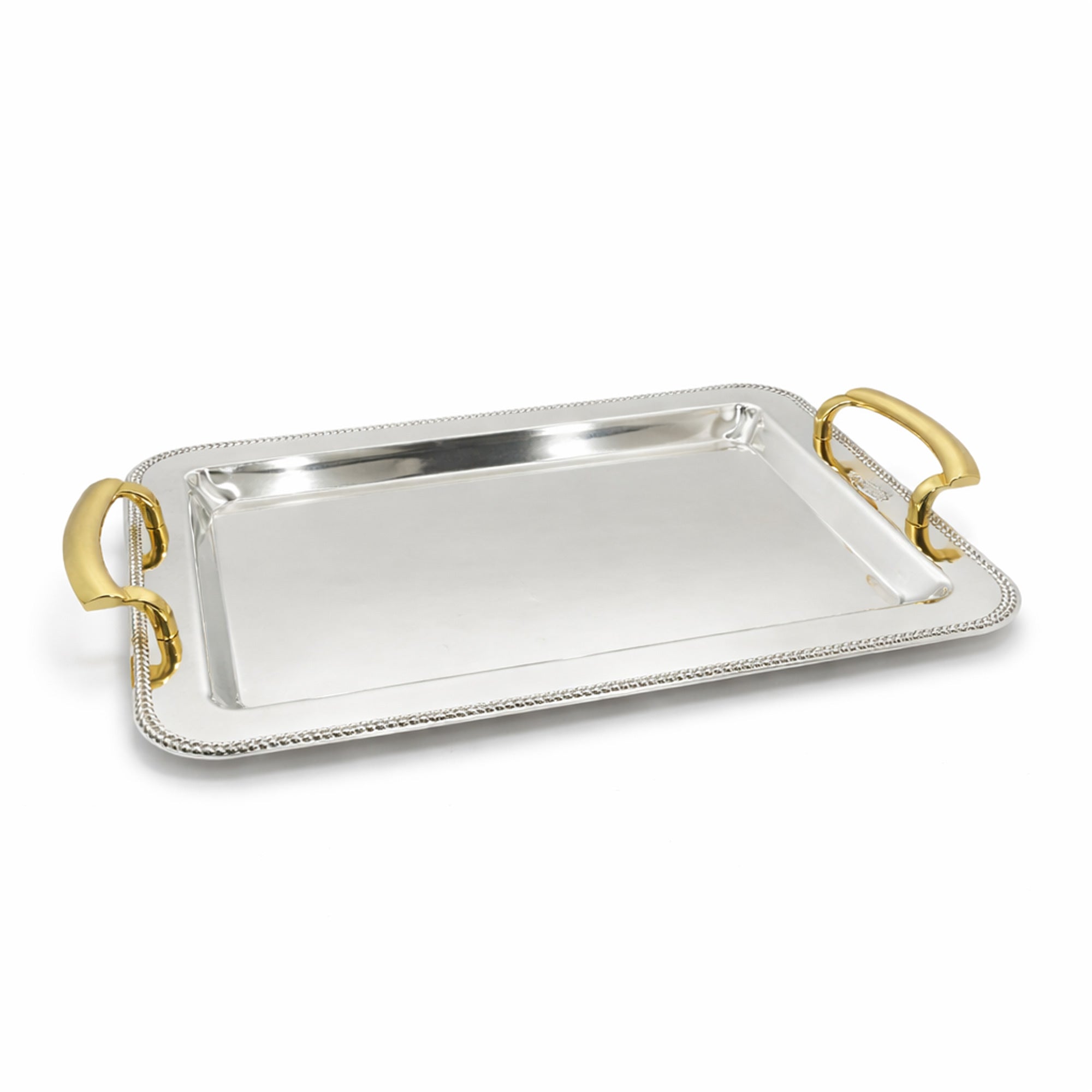 CD-7817 rectangular silver serving tray with gold handles from Siddiq Gift Shop