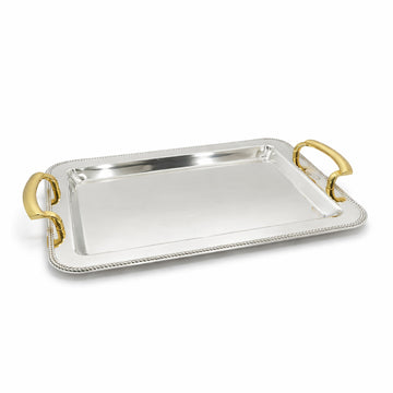 CD-7817 rectangular silver serving tray with gold handles from Siddiq Gift Shop