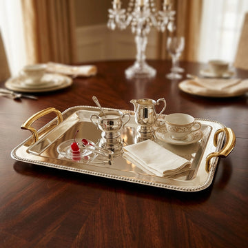 CD-7817 rectangular silver serving tray with gold handles from Siddiq Gift Shop