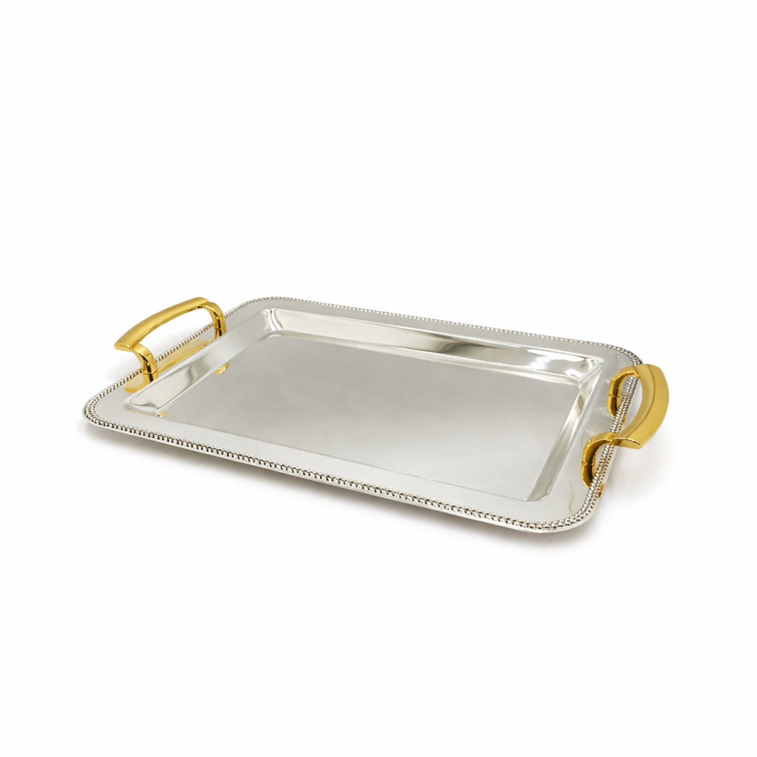 CD-7817 Serving Tray – Rectangular Silver Serving Tray with Gold Handles