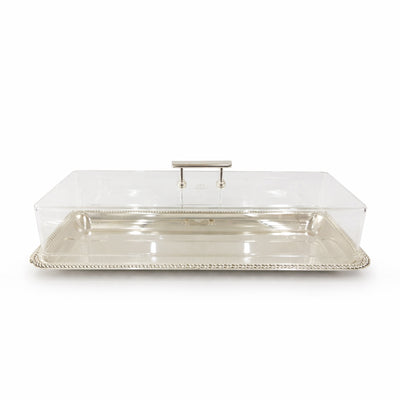 CD-7826 Rectangular Serving Tray with Clear Acrylic Dome Lid – 45 x 18 cm – Silver Finish Base | Siddiq Gifts – Mussafah Abu Dhabi