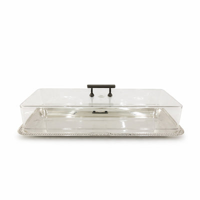 CD-7828 Rectangular Acrylic Serving Tray with Clear Dome Lid – 45 x 18 cm – Silver Finish with Black Handle | Siddiq Gifts – Mussafah Abu Dhabi
