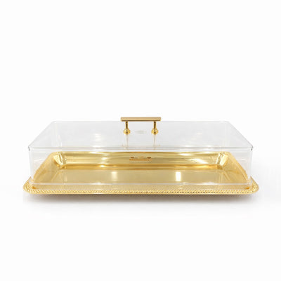 CD-7829 Rectangular Serving Tray with Clear Acrylic Dome Lid – 45 x 18 cm – Gold Finish | Siddiq Gifts – Mussafah Abu Dhabi