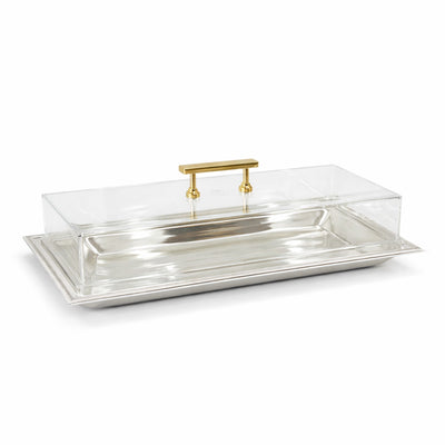 CD-7848 Rectangular Serving Tray with Clear Acrylic Dome Lid – 39 x 14.50 cm – Silver Finish Base with Gold Handle | Siddiq Gifts – Mussafah Abu Dhabi