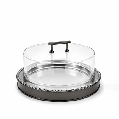 Round Acrylic Cake Plate With Lid 32 x 15 CM Black Rim And Clear Dome Cover Siddiq Gifts